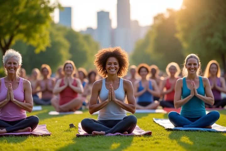 Group of diverse individuals participating in an outdoor community yoga class