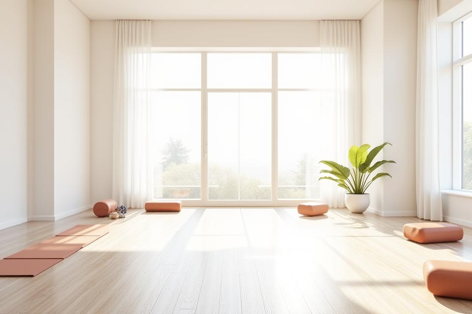 Bright, minimalist yoga studio interior with soft lighting and natural wood accents at Lotus Hearth Wellness