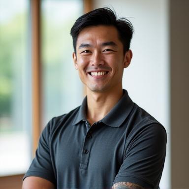 Portrait of David Kim, a friendly and approachable corporate yoga instructor, in fitness wear.