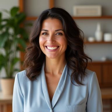 Portrait of Dr. Maria Rodriguez, a compassionate and experienced wellness coach, smiling welcomingly.