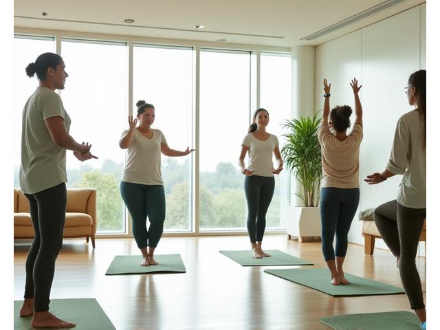 Office workers participating in a gentle yoga session led by an instructor in a bright, modern corporate office, promoting workplace wellness.