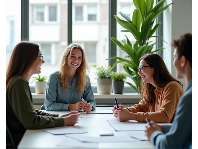 Team collaborating cheerfully in a modern, light-filled office space, symbolizing increased productivity and positive workplace culture from corporate wellness programs.