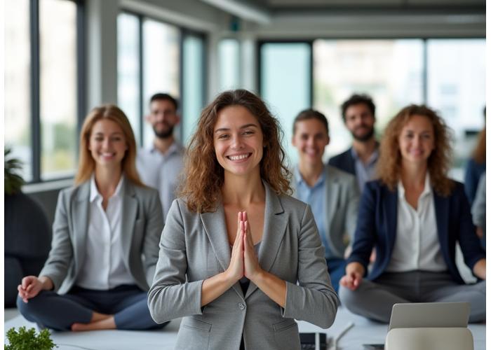 A group of diverse Toronto office professionals participating in an onsite mindfulness session, looking relaxed and engaged