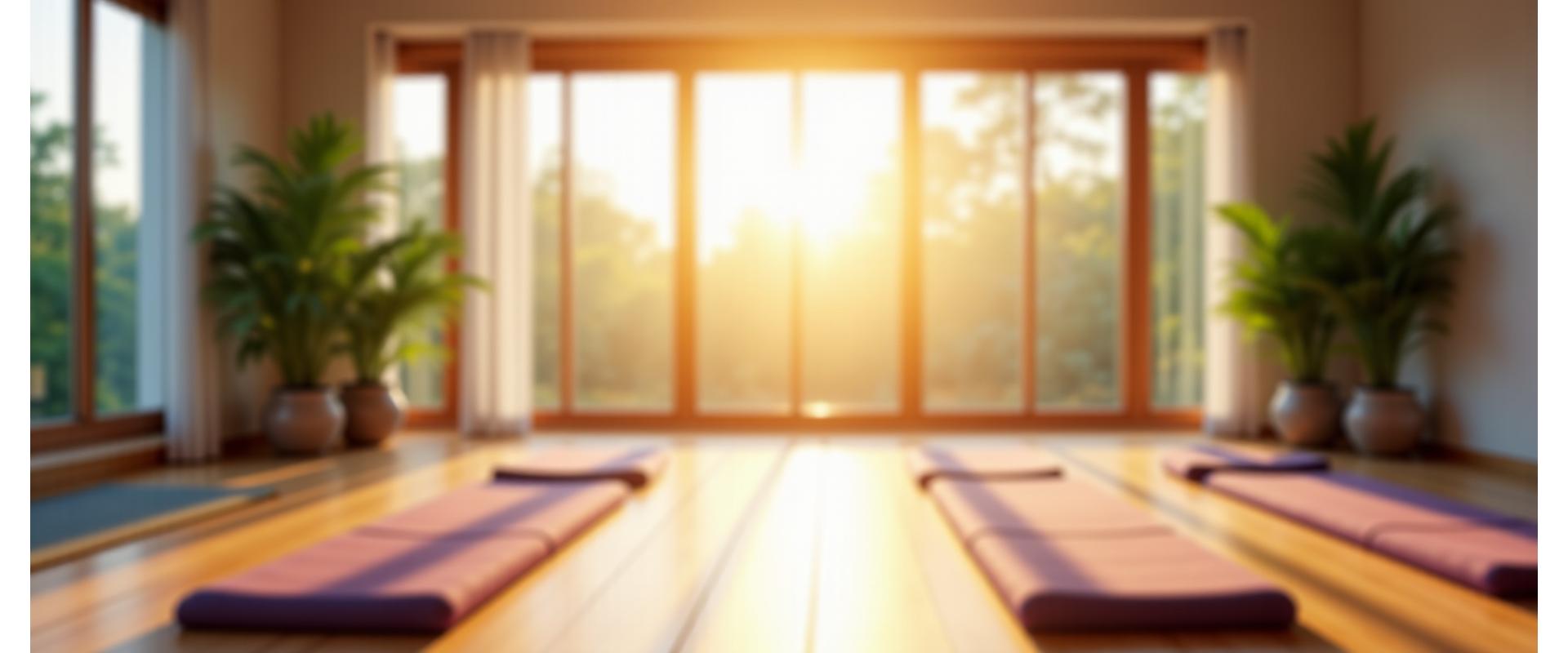 Serene yoga studio interior with soft natural light and a gentle flowing yoga class