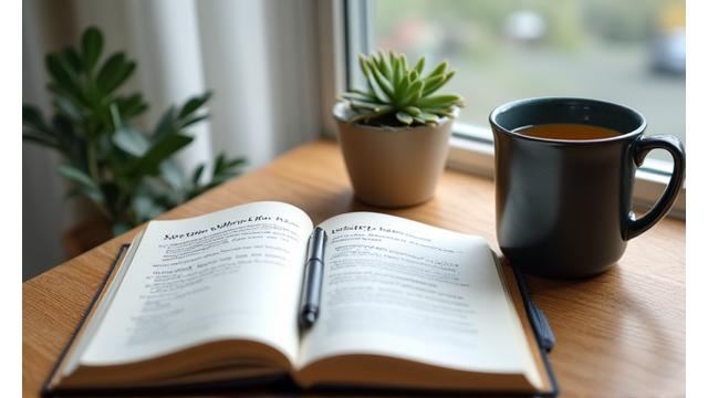 Notebook with wellness tips and a calming cup of herbal tea, symbolizing self-care