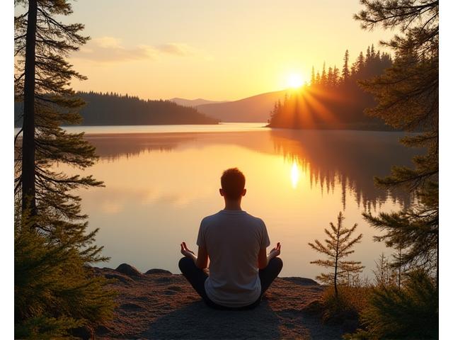 Woman overlooking a serene lake at sunrise from a cottage, symbolizing wellness retreat