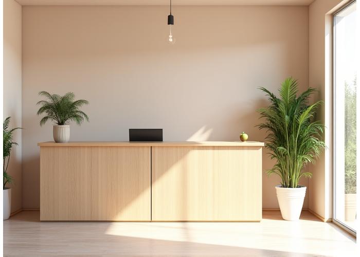 Welcoming and clean studio reception area at Lotus Hearth Wellness, with natural wood and plants