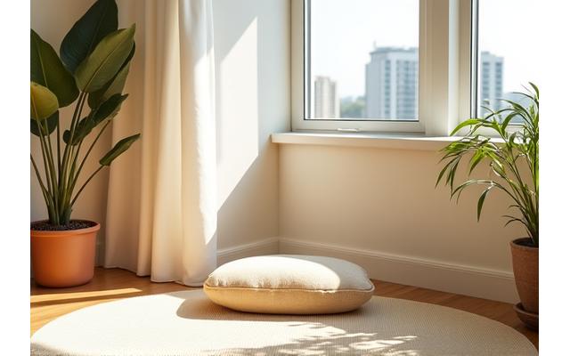 Person meditating in a bright, minimalist Toronto apartment living room, with natural light streaming in.