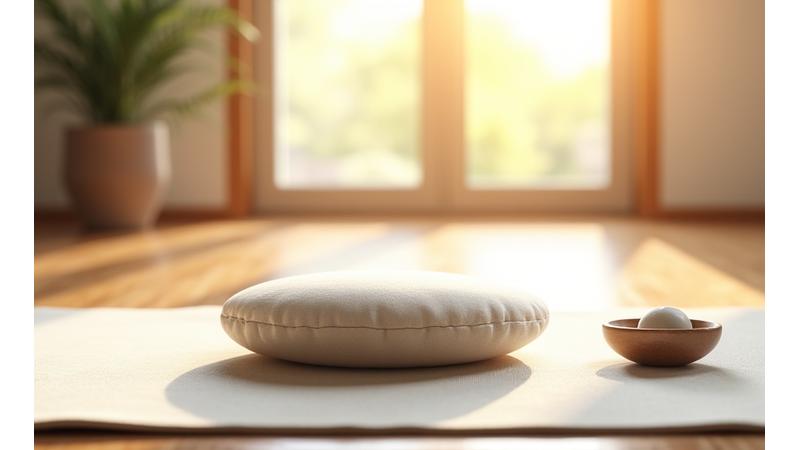 Calm, inviting image of a yoga mat and meditation cushion in a sunlit studio, ready for a session.