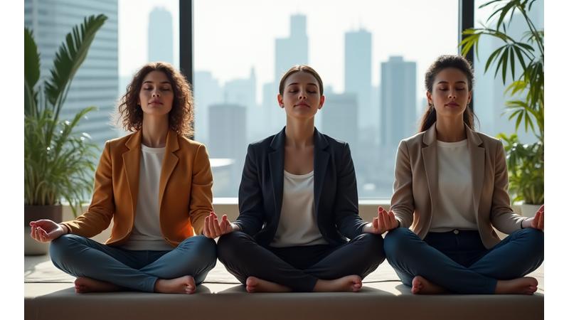 Diverse group of professionals calmly meditating in a modern office break room, with soft lighting and plants.