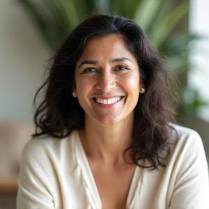 Photo of Ela Sharma, a mindfulness coach at Lotus Hearth Wellness. She has a warm, compassionate smile and is dressed in comfortable, professional attire, seated in a tranquil setting.