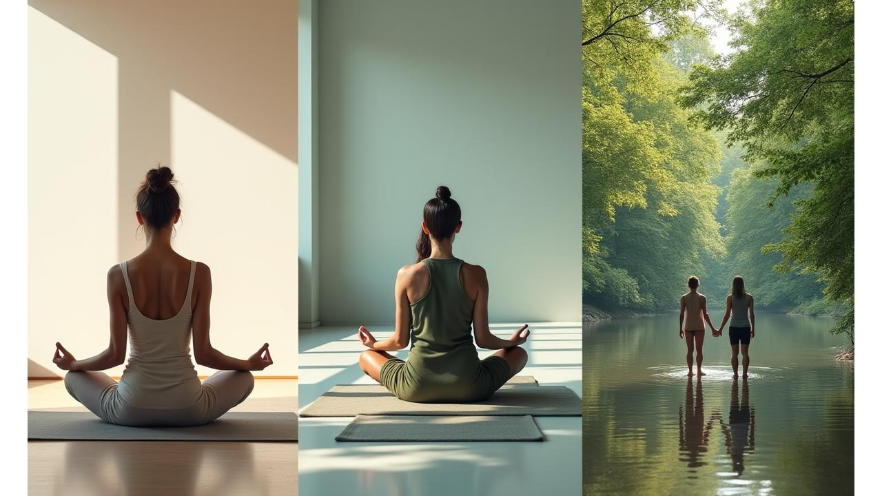 A collage or mosaic of three distinct scenes: one showing a calming, minimalist studio interior for in-person sessions, another a person engaging in a virtual call with a serene background, and a third showing two people discreetly walking and talking in a peaceful Toronto park, all conveying flexibility and natural integration of coaching into different lifestyles.