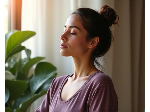 A serene individual practicing a gentle mindfulness meditation pose, alone in a softly lit, modern wellness studio, symbolizing personalized attention and deep focus. Lush green plants and warm natural light enhance the calming atmosphere.