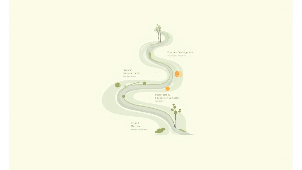 A visually engaging infographic-style image depicting a circular flow or a winding path with four distinct, labeled steps: 'Assessment', 'Practice Development', 'Progress Evaluation', and 'Integration & Maintenance', using soft, organic shapes and symbols consistent with wellness and growth. The colors should be calming and reflective of the brand palette, illustrating a continuous, supportive journey.
