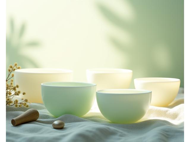 A collection of various sizes of crystal singing bowls shimmering in soft light.