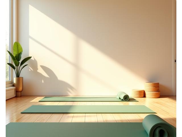 A tranquil yoga studio with minimal equipment, bathed in soft, natural light, emphasizing cleanliness and space for safe movement.