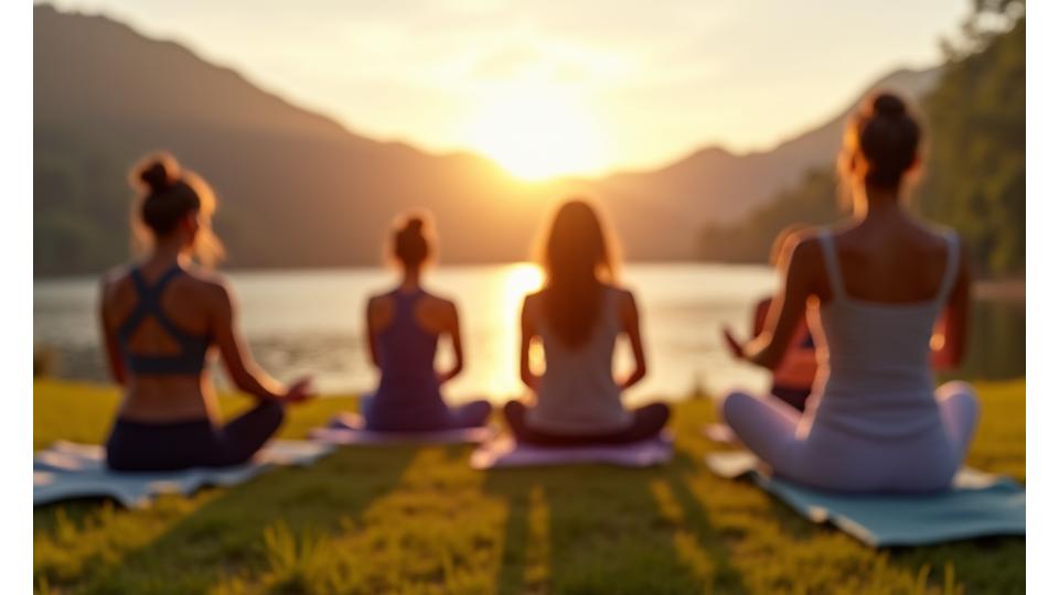 A serene outdoor yoga setting during a wellness retreat, with participants practicing quietly under natural light, emphasizing healthy group activity and tranquility.