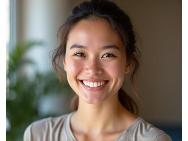 A warm, empathetic yoga instructor with a gentle smile, conveying expertise and compassion.