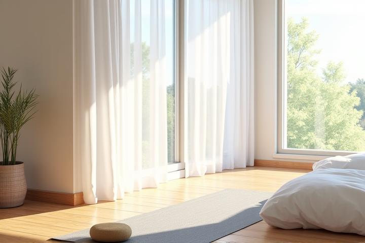 Cozy and well-lit retreat room with a yoga mat and meditation cushion