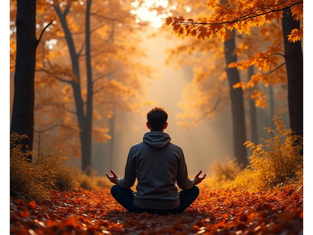 Meditating person surrounded by autumnal trees in the Blue Mountains, Ontario