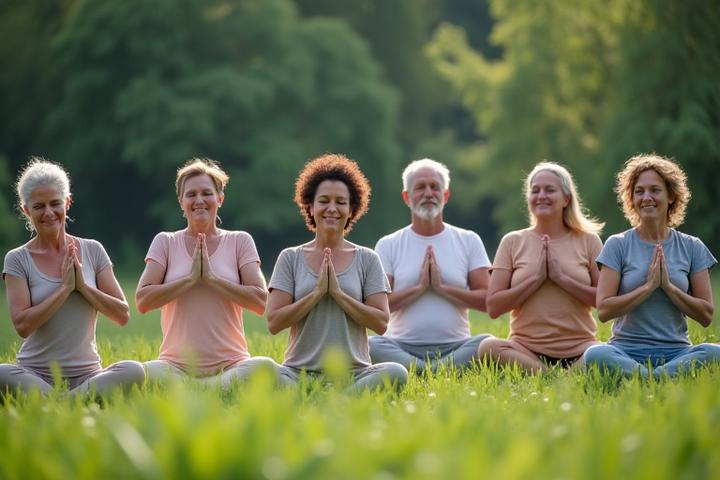 A diverse group of people practicing outdoor yoga in a serene natural setting